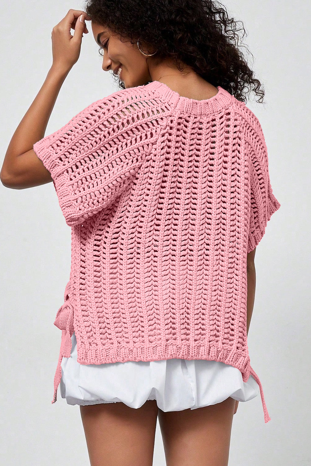 Pink Plus Size Open Knit Bow Tie Short Sleeve Sweater