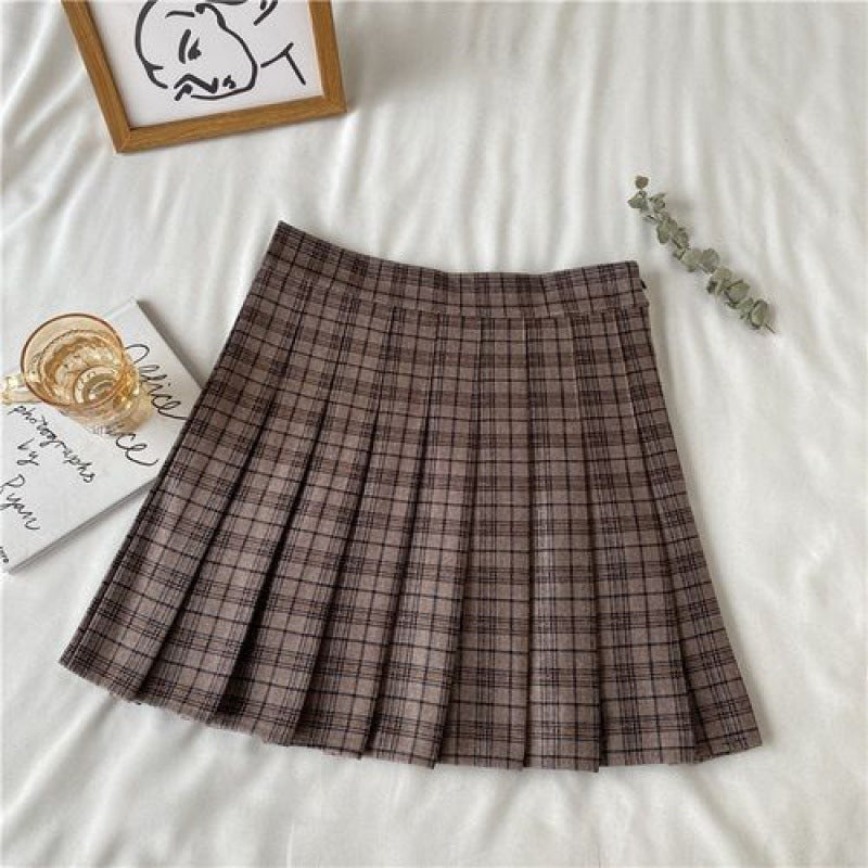 Autumn Winter Retro Coffee Color Plaid High Waist Half-length Summer Dress For Women
