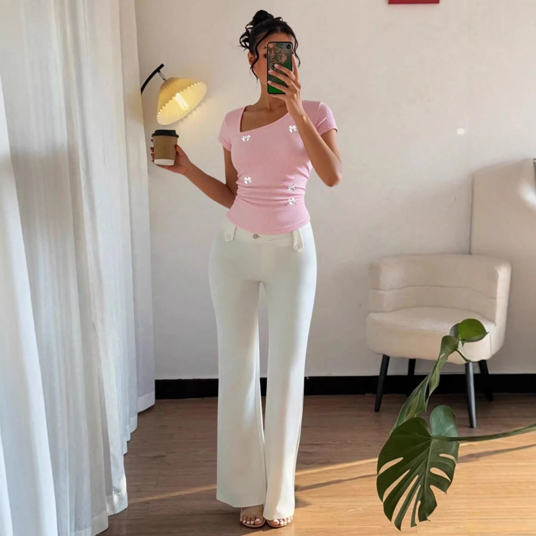 Summer T-shirt With A Bow Accent And Slanted Neckline