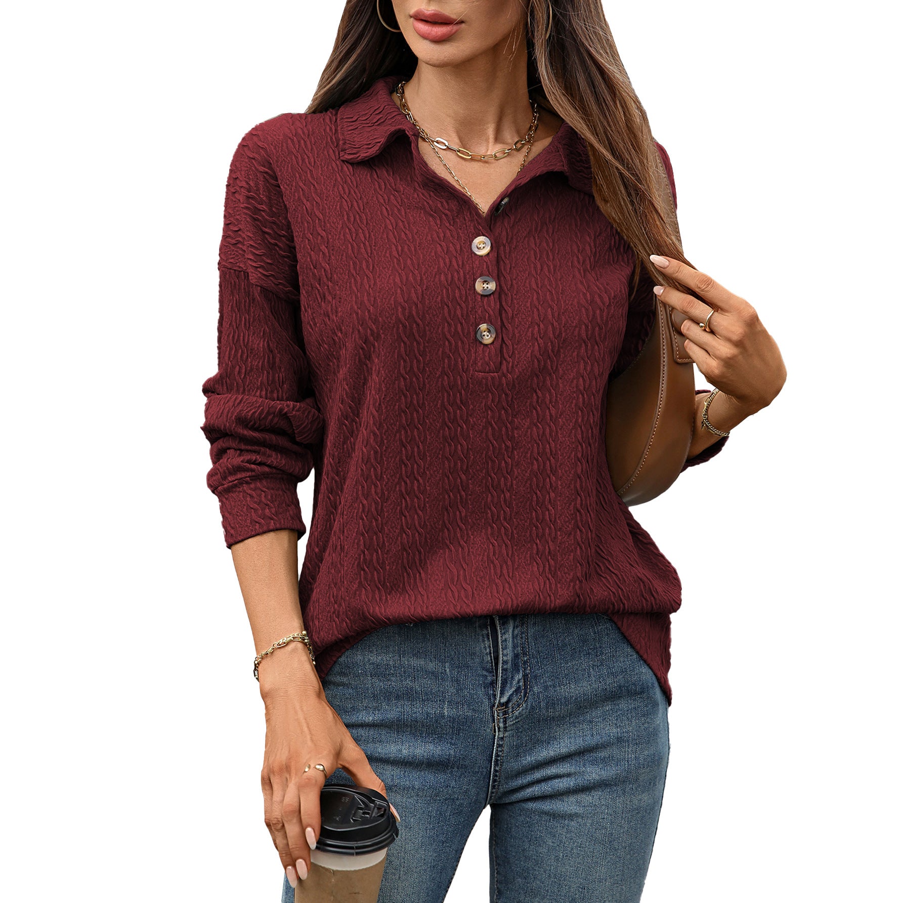 Solid Color Polo Collar Button Loose Long Sleeve Sweatershirt