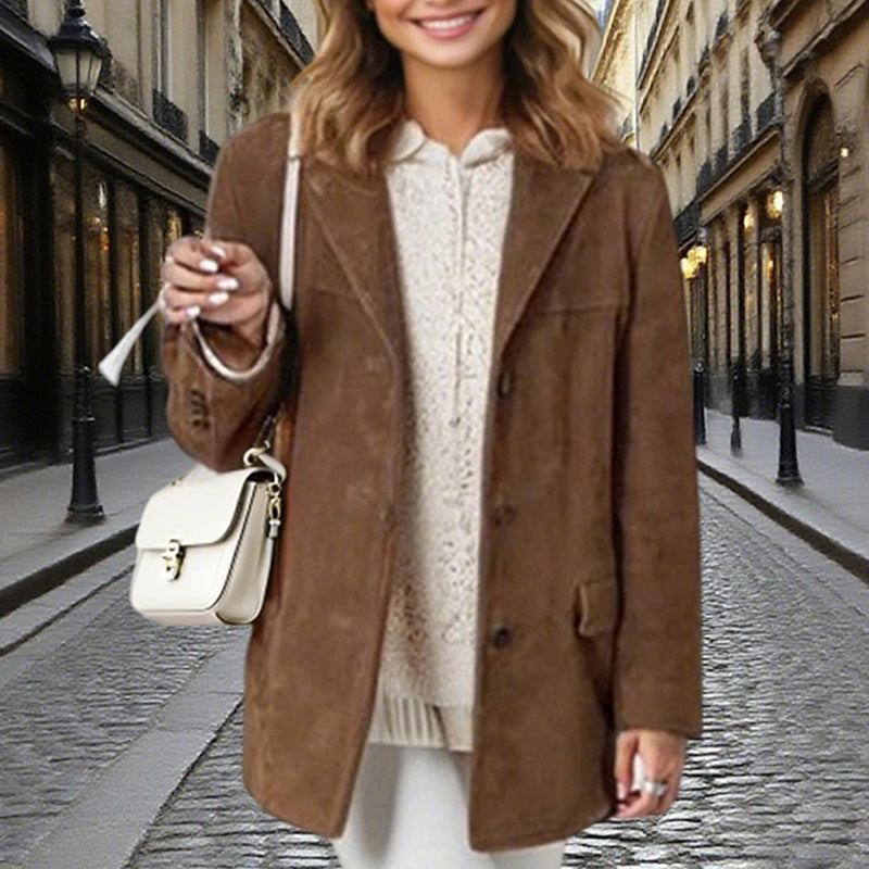 Women's Suede-Look Blazer Jacket, Classic V-Notch Lapel Button Front Coat, Machine Washable Versatile Casual Jacket