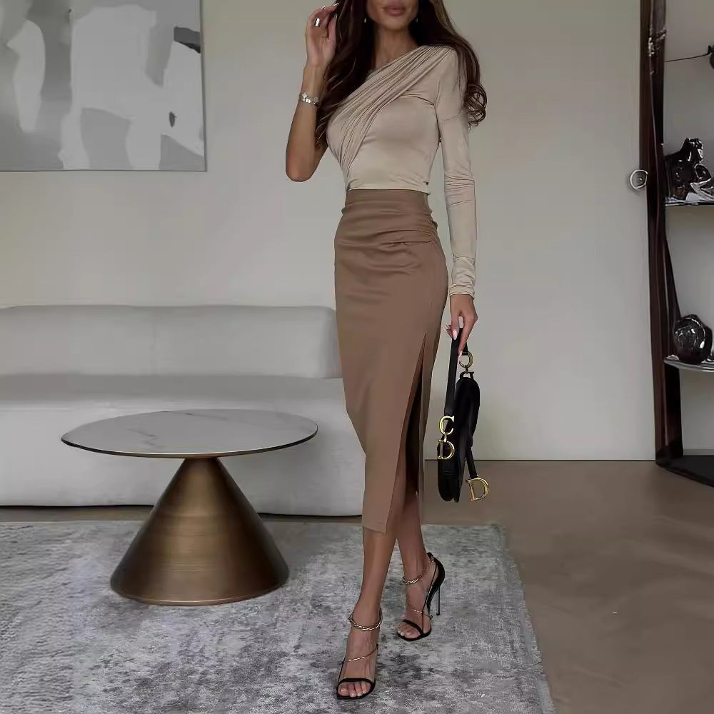 European And American Fashionable With Side-slit Solid Color Stretch Slim Skirt