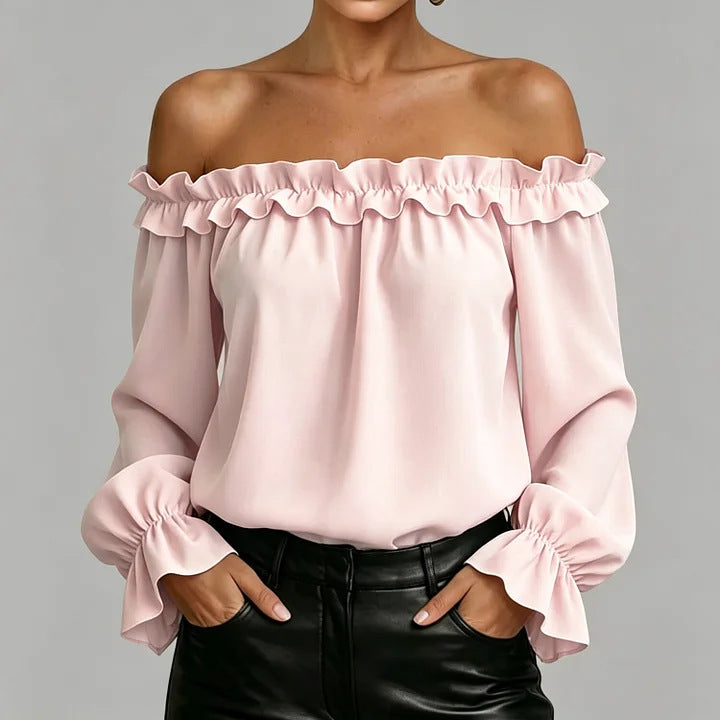 Spring Summer New Elegant Casual Ruffle Off-Shoulder Long-Sleeve Shirt For Women