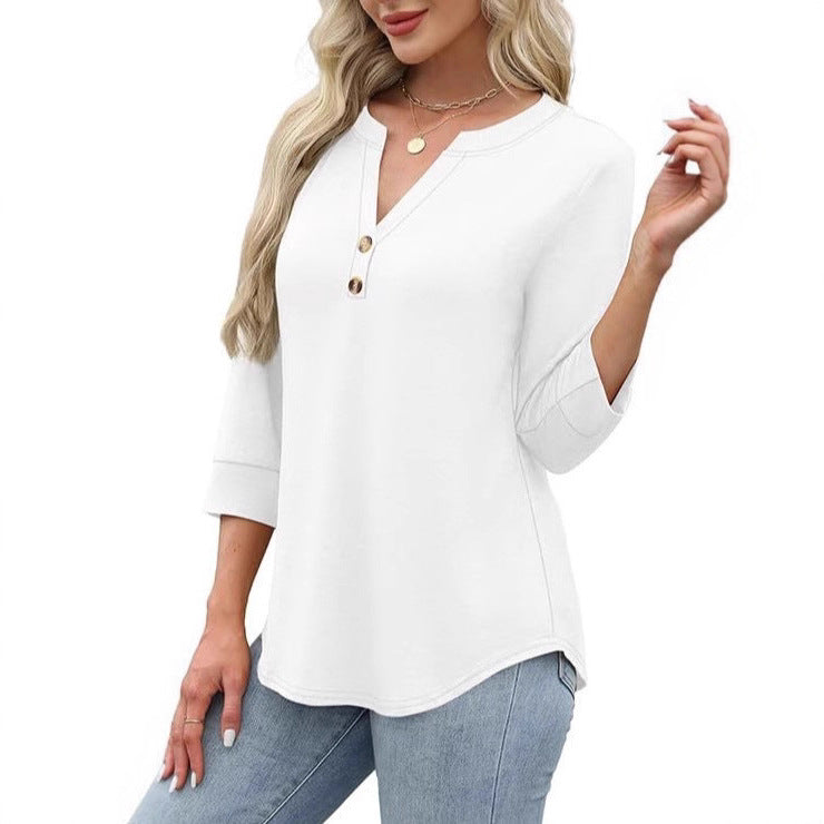 Womens Plus-Size Loose V-Neck Buttoned Three-Quarter Sleeve T-Shirt