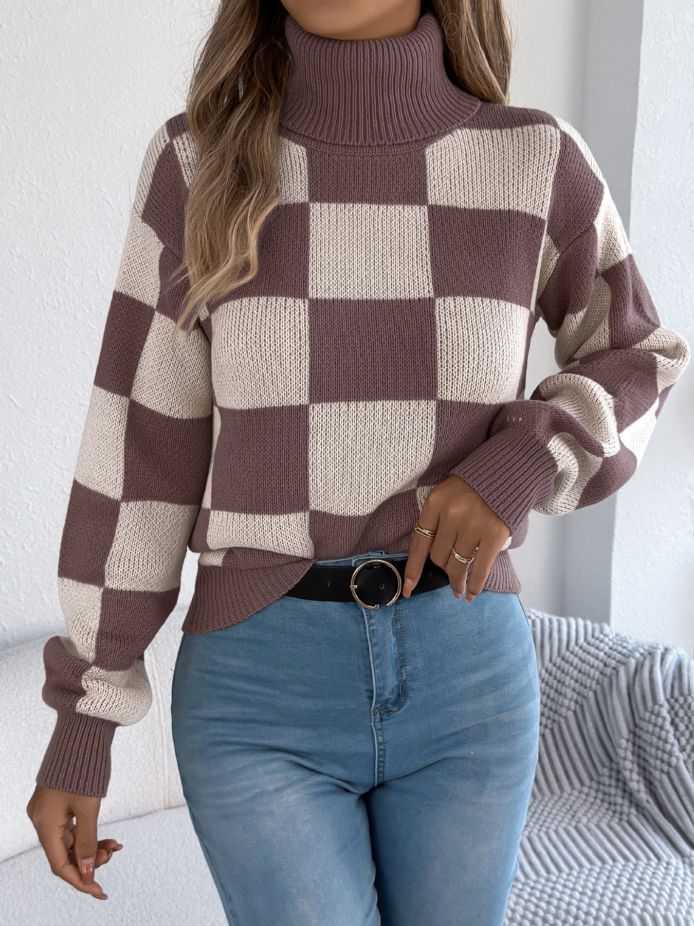 Women's High Neck Color-Blocked Plaid Lantern Sleeve Sweater