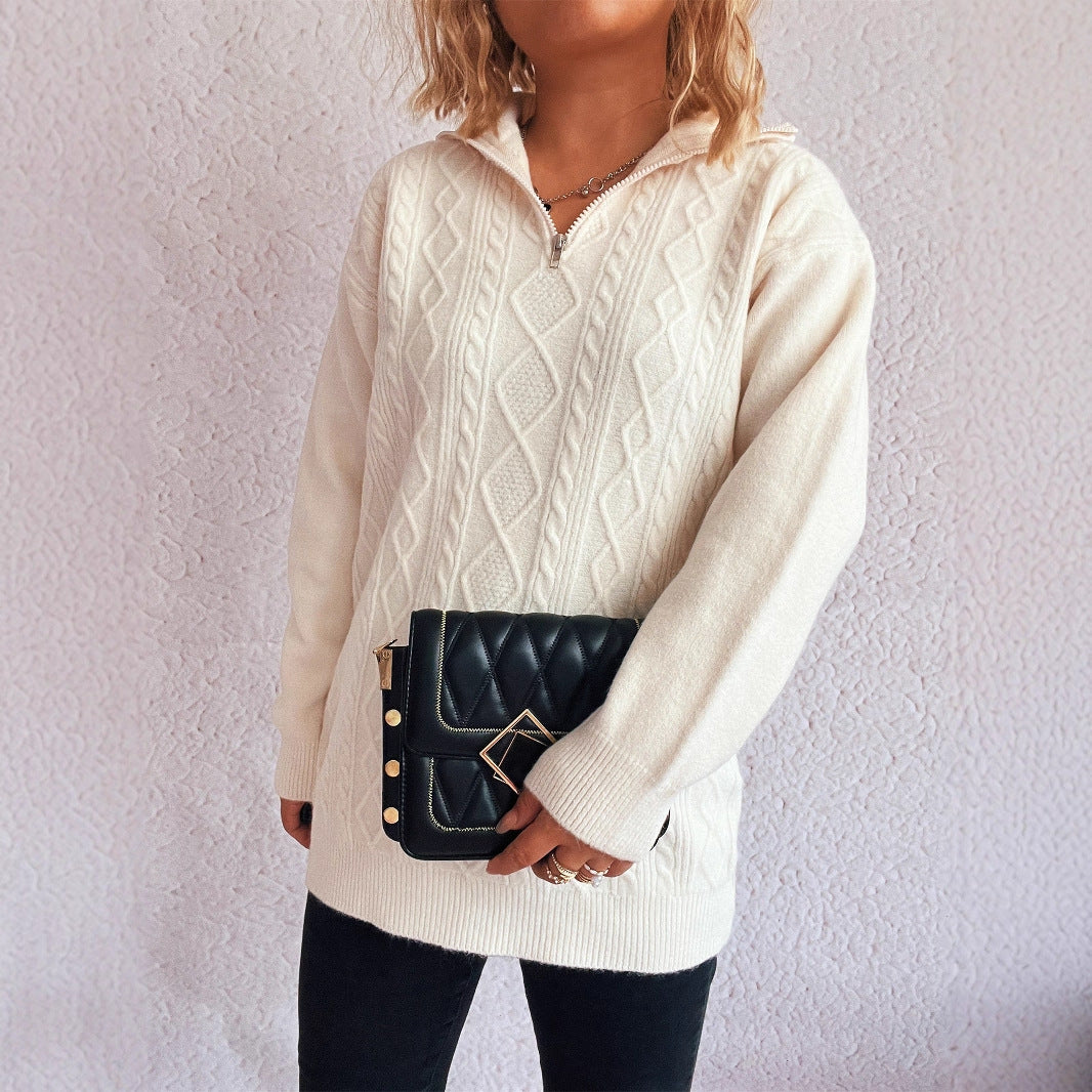 Solid Color Casual Zipper Knitted Sweater For Women