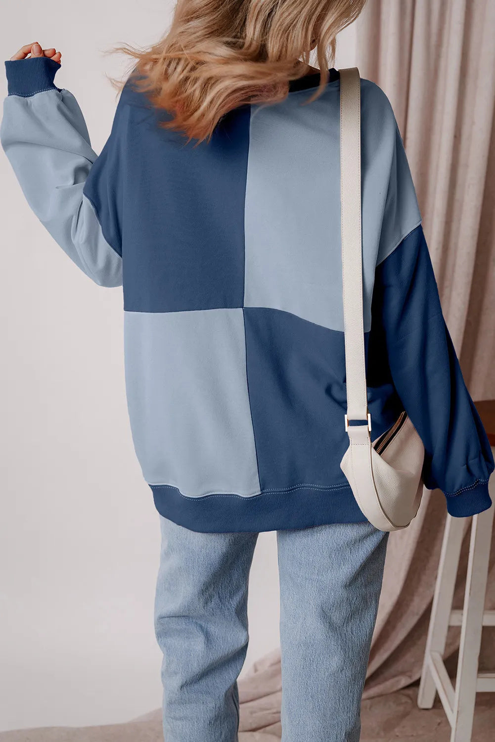 Beau Blue Colorblock Henley High Low Oversize Sweatshirt