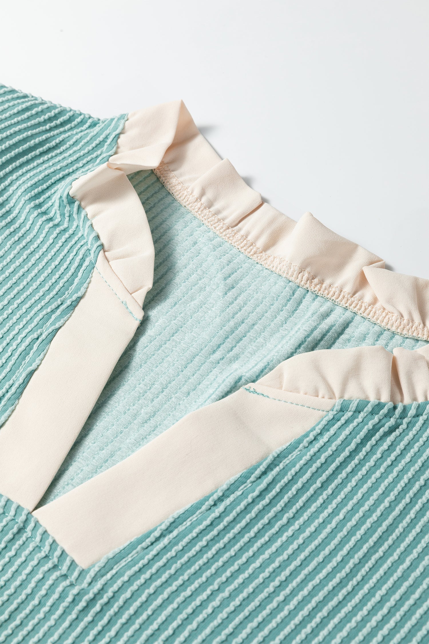 Light Blue Plus Size Contrast Frilled Neckline Ruffled Short Sleeve Ribbed Textured Blouse