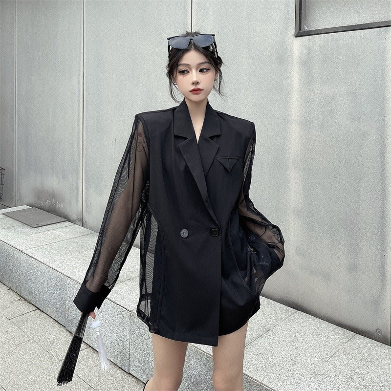 Summer thin spliced suit jacket for women with design slightly see-through long-sleeved mesh suit top for women