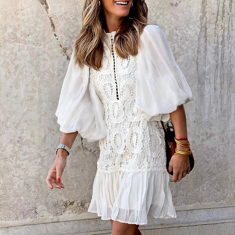 Women Clothing Lace V Neck Short Sleeve Wrap Hip Dress Skirt