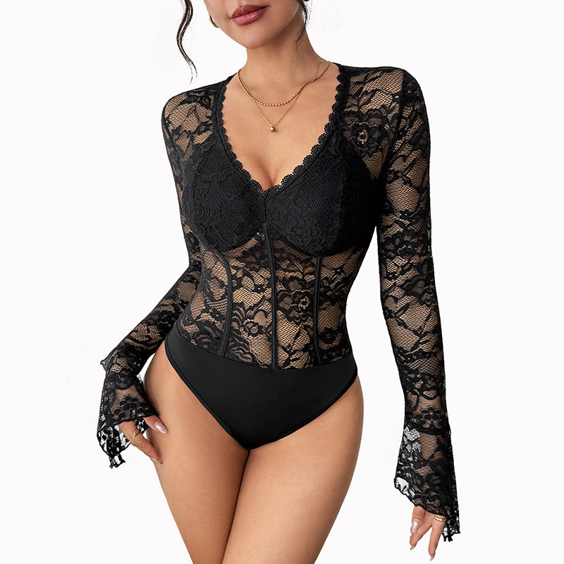Lace-trimmed V-neck Bodycon Black Jumpsuit