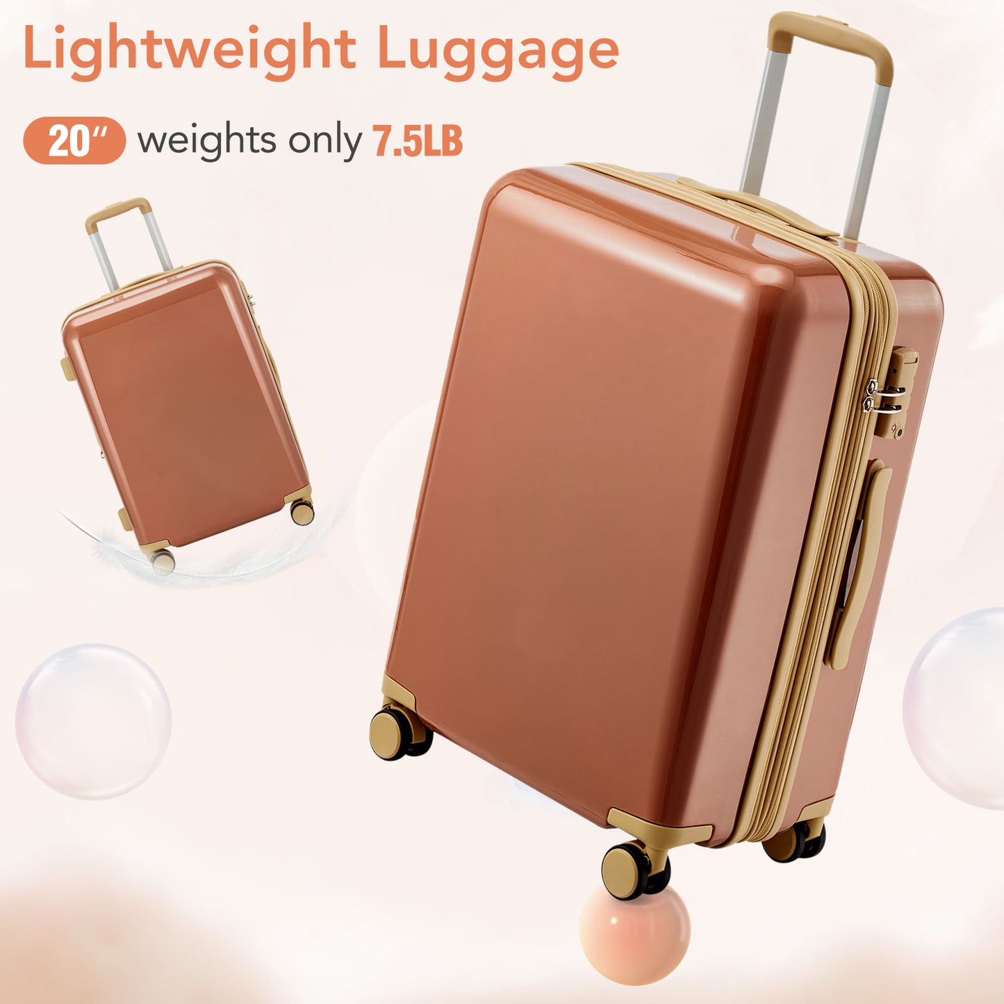 Hardshell PC Luggage Sets 3 Piece Spinner 8 wheels Suitcase with TSA Lock Lightweight 20''24''28'' Brown + ABS+PC