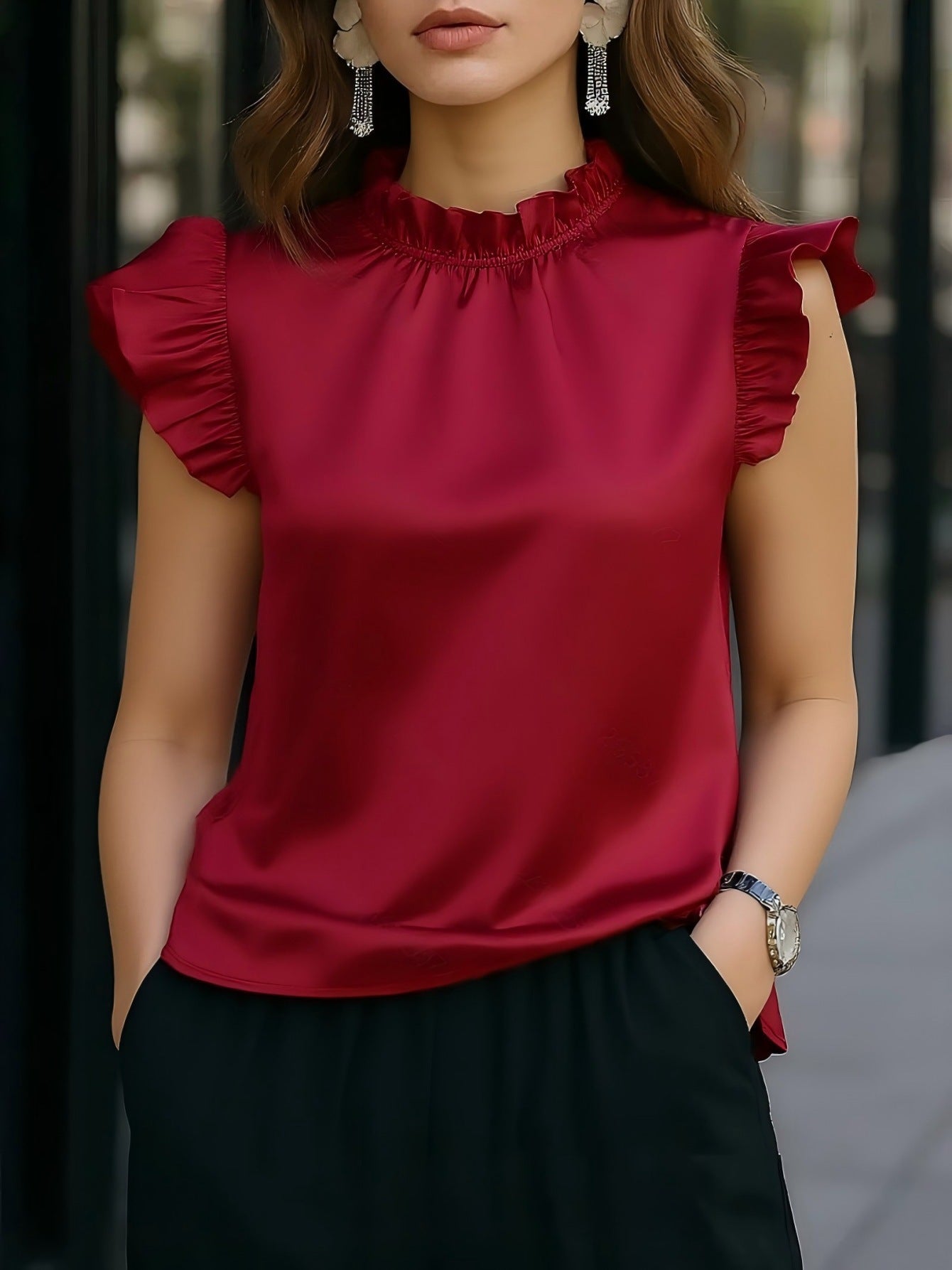 Stylish Sleeveless Top With Elegant Ruffled Sleevesversatile And Perfect For The Office
