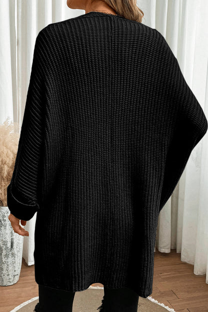 Black Batwing Sleeve Pocket Oversized Cable Knit Cardigan