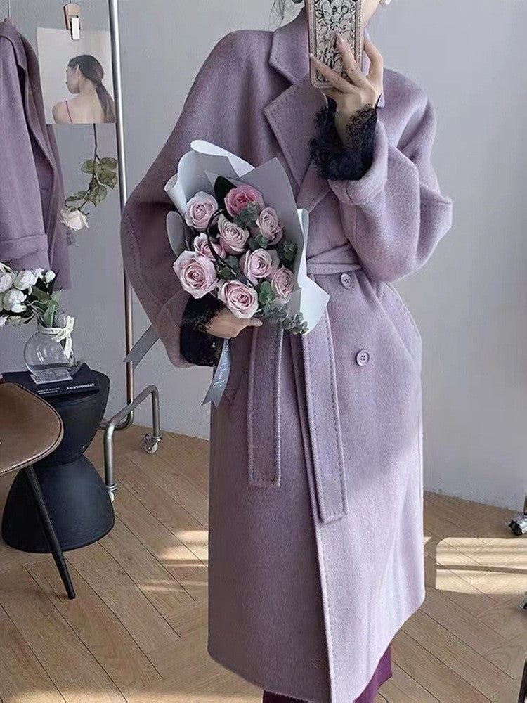 Winter Popular New Long Mulberry Silk Woolen Overcoat Women Double Breasted Lacing Belt Classic Pink Loose Wool Coat Jacket