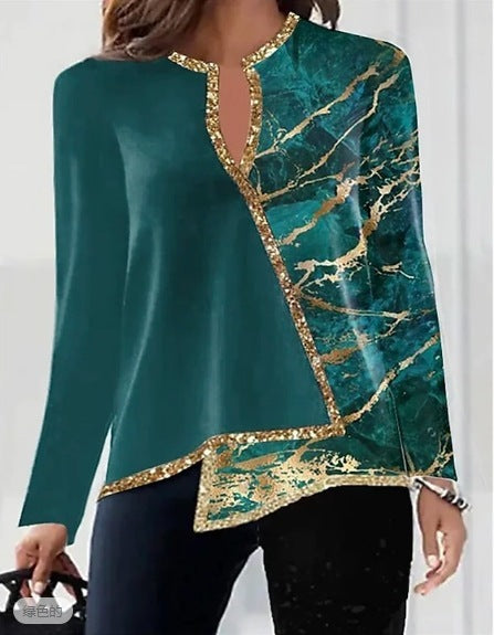 Women's V-neck Fashion Irregular Hem Long Sleeved Fitted T-shirt