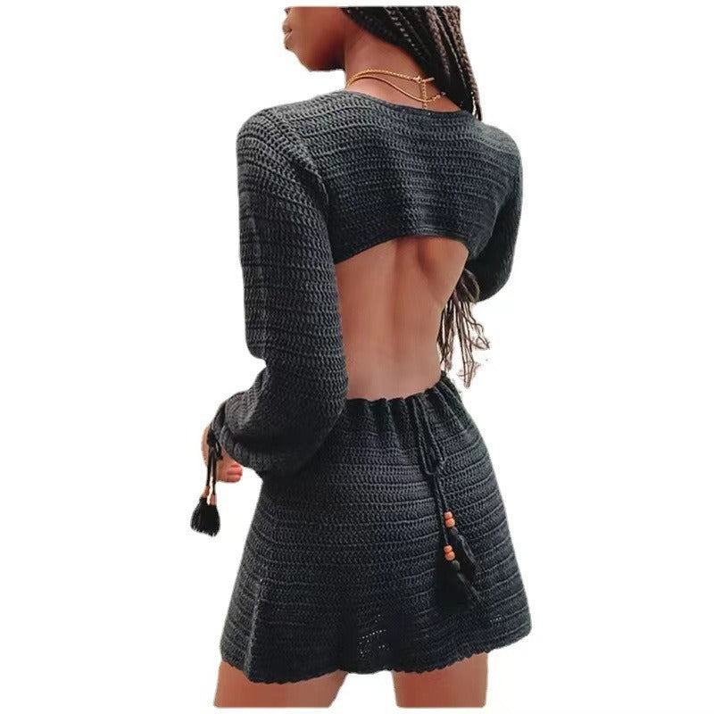 Hollow V-neck knitted dress fashionable high waisted solid color short skirt