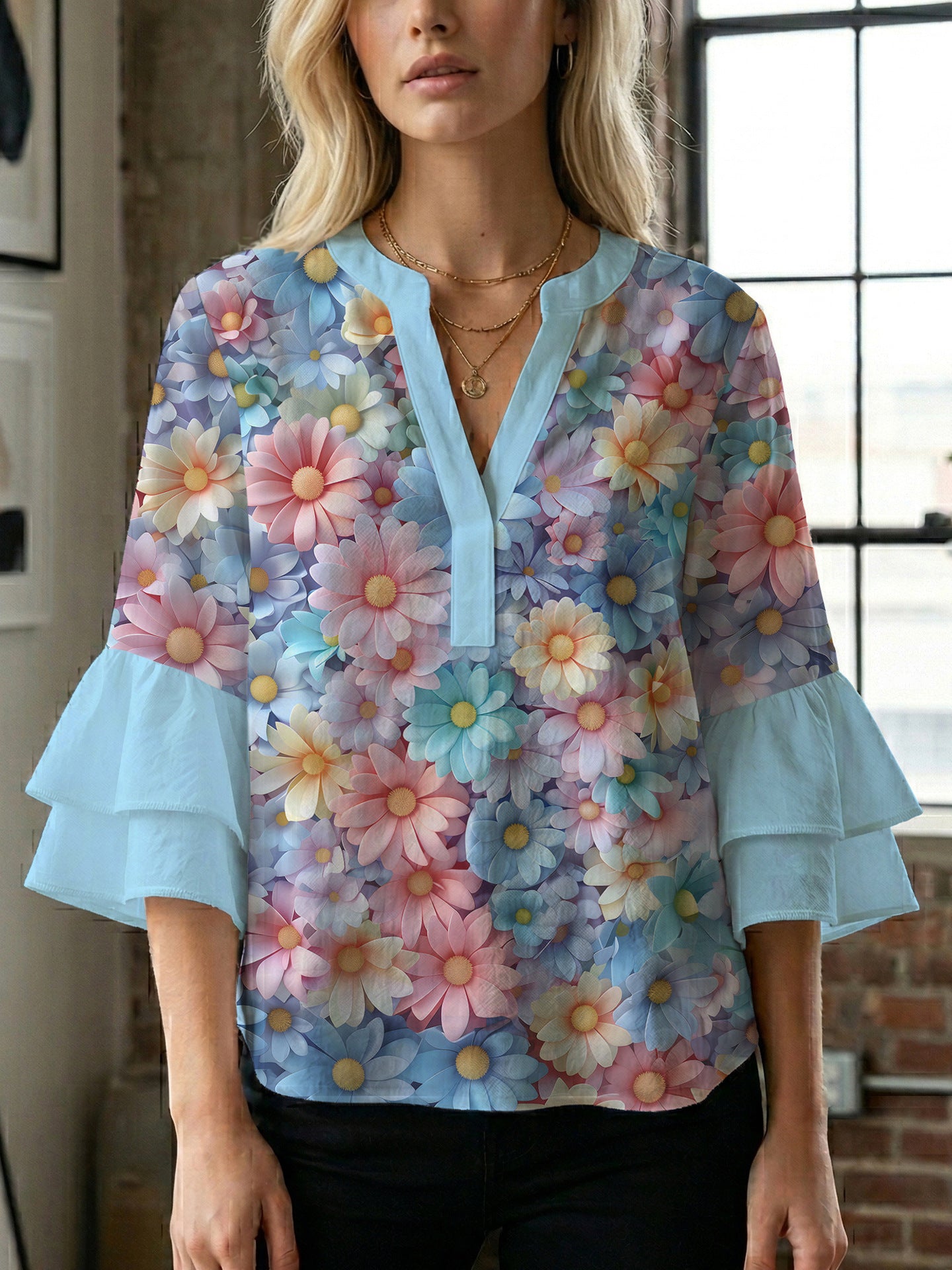 Women's Digital Print Puff Sleeve Top