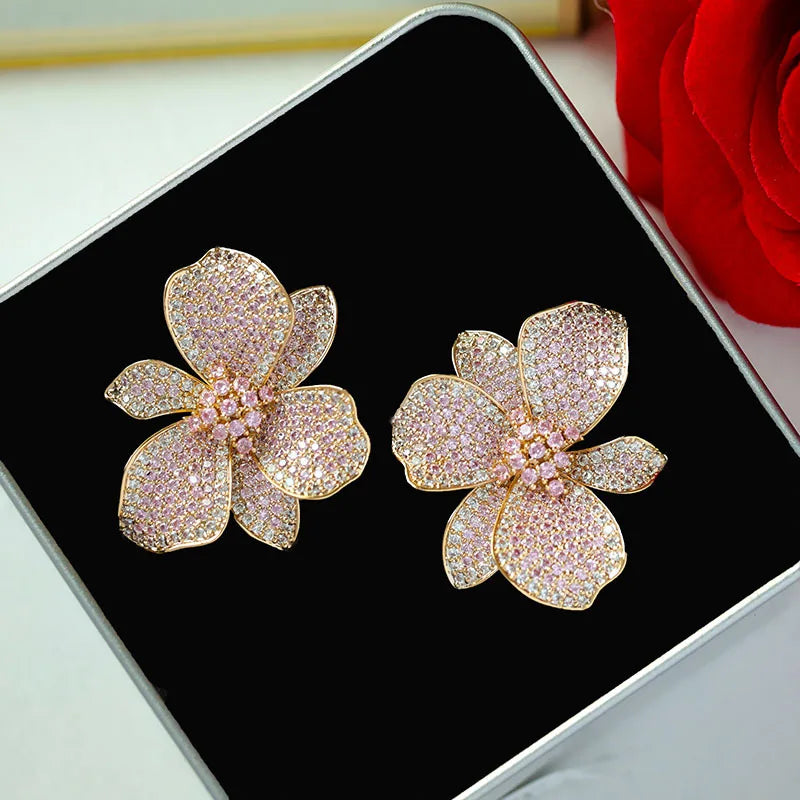 New Design Fashion Golden Color Cubic Zirconia Big Flower Stud eEarring For Women Wedding Bride Jewelry