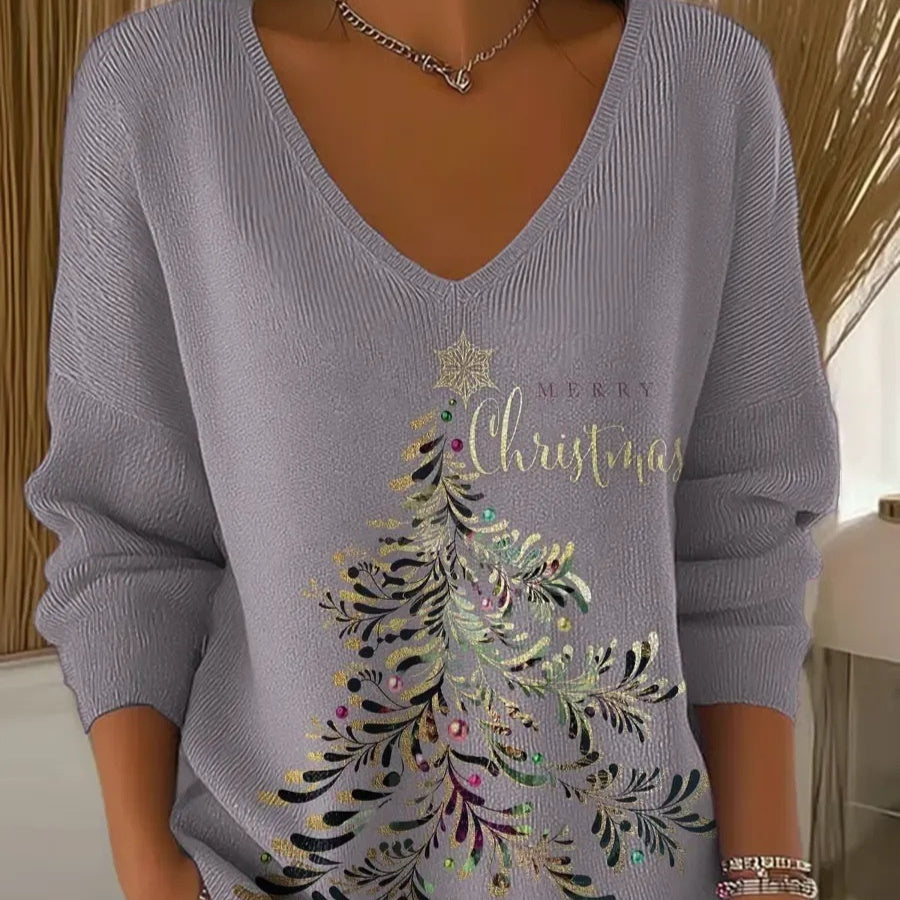 3D Printed Women's Fashionable Christmas V-neck Long Sleeve T-shirt