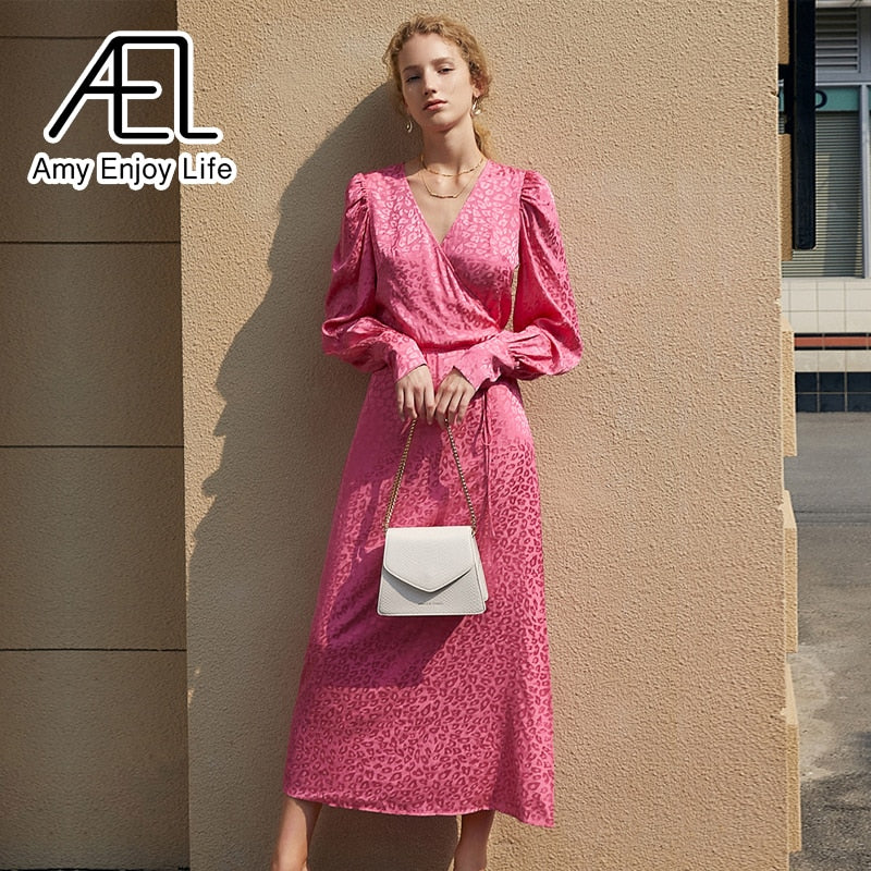 AEL Summer Wrap Dress Satin V-Neck Loose Waist Lace Up Ladies Long Streetwear Violet And Rose Red Pajama Look