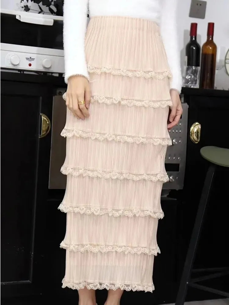 Autumn New Pleated Cake Skirt For Women High Elastic Waist Solid Color Wrap Hip Elegant Skirts Female Fashion