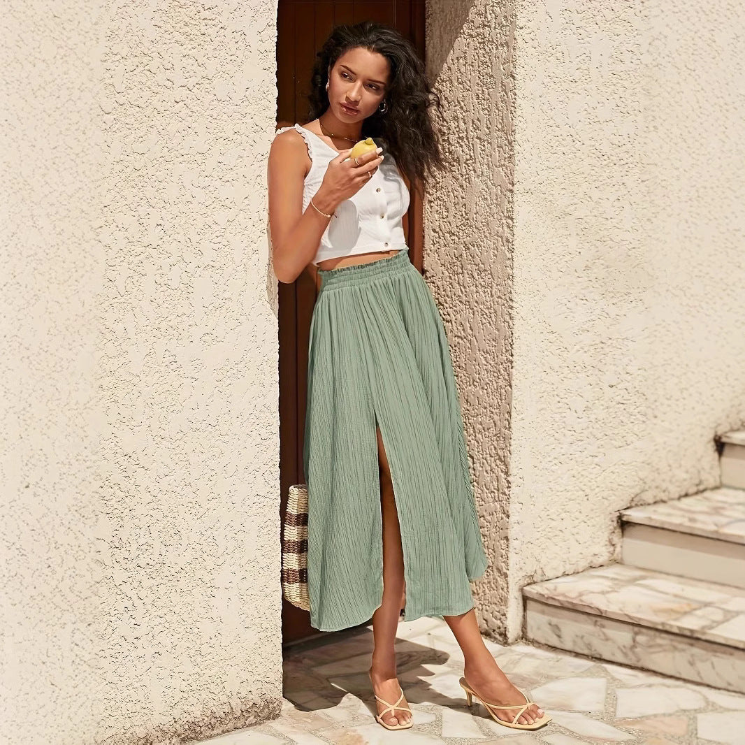 Split High Waist Elastic Waist Long Holiday Skirt