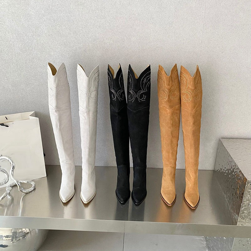 Wedge Heel Over The Knee Boots Suede Leather Pointed Toe Embroidery Long Boots Winter Women's Dress Shoes