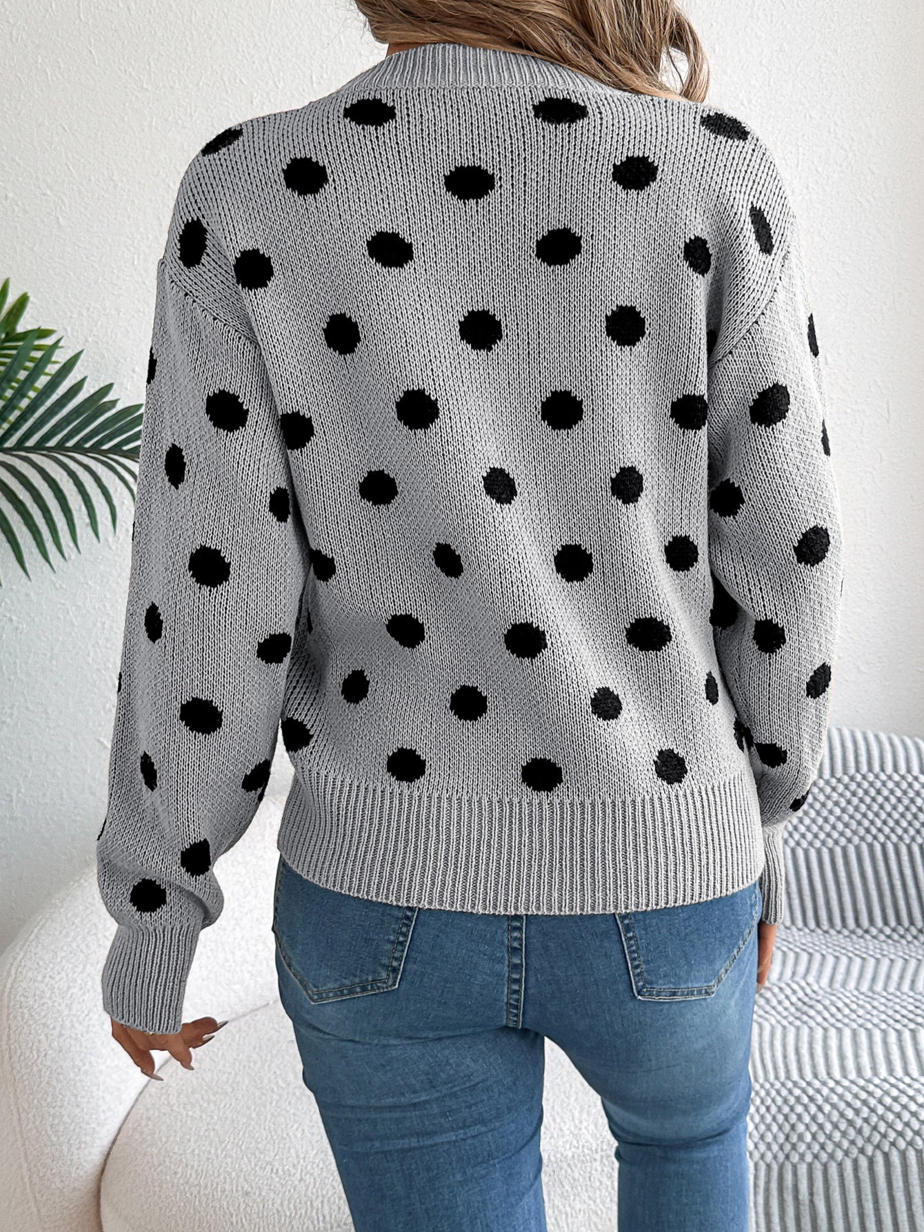 Casual Color Block Polka Dot Long Sleeve Pullover Sweater
