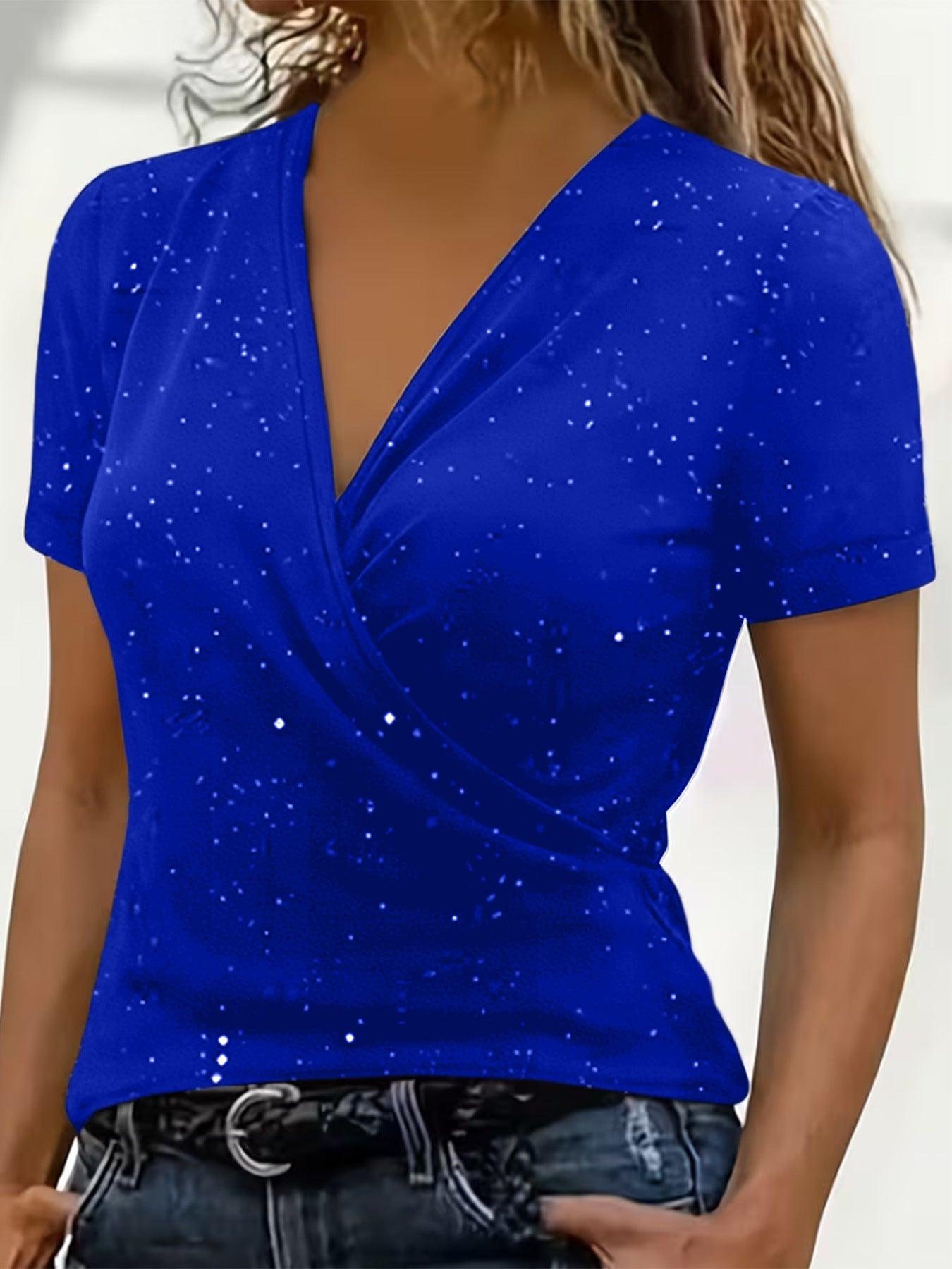 Cross-collar Short-sleeve Loose-fit V-neck Stylish Casual