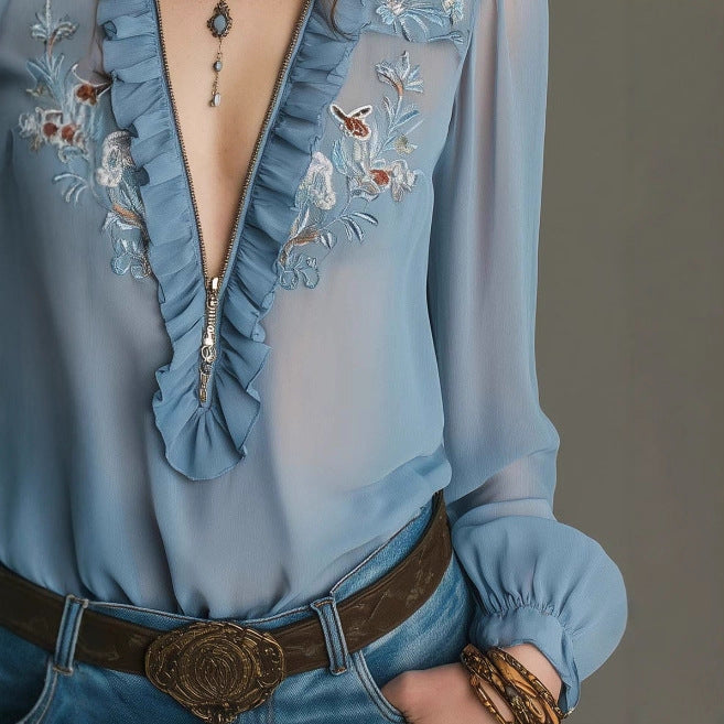 Embroidered Ruffle-Trimmed Zipper Chiffon Shirt For Women
