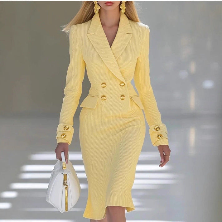 Elegant And Minimalist V-neck Light-yellow Knit Midi Skirt