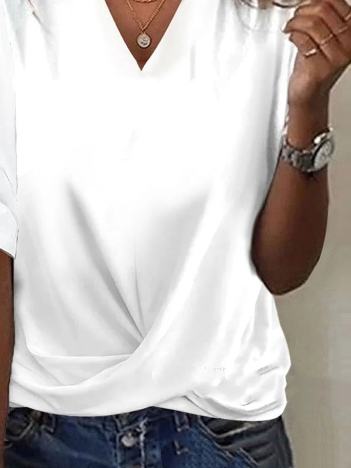 Women's Solid Color V-neck Casual 34 Sleeve T-shirt