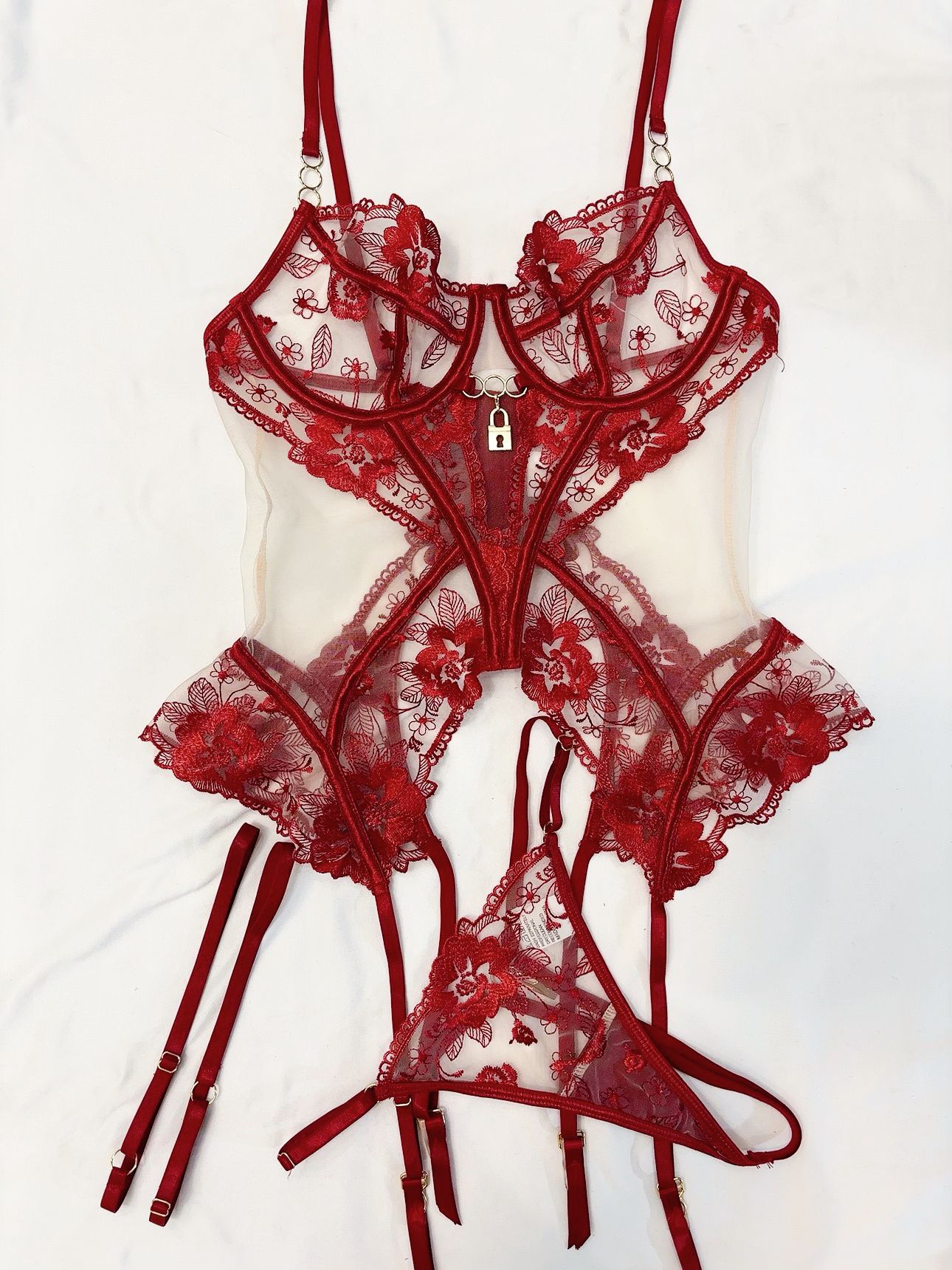 Women's Sheer Mesh Lace Lingerie Panties Three-piece Set
