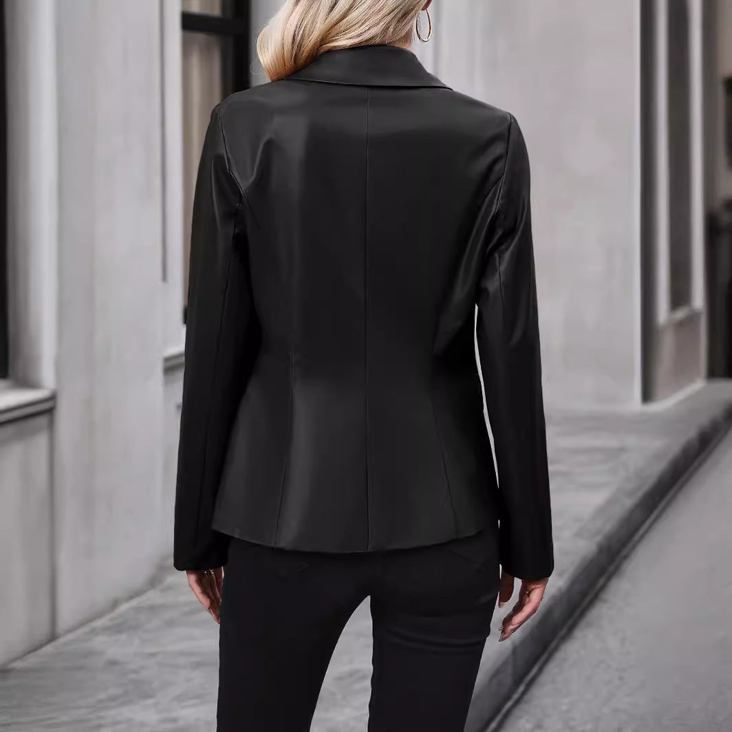 Women's Double Breasted Suit Motorcycle Leather Coat