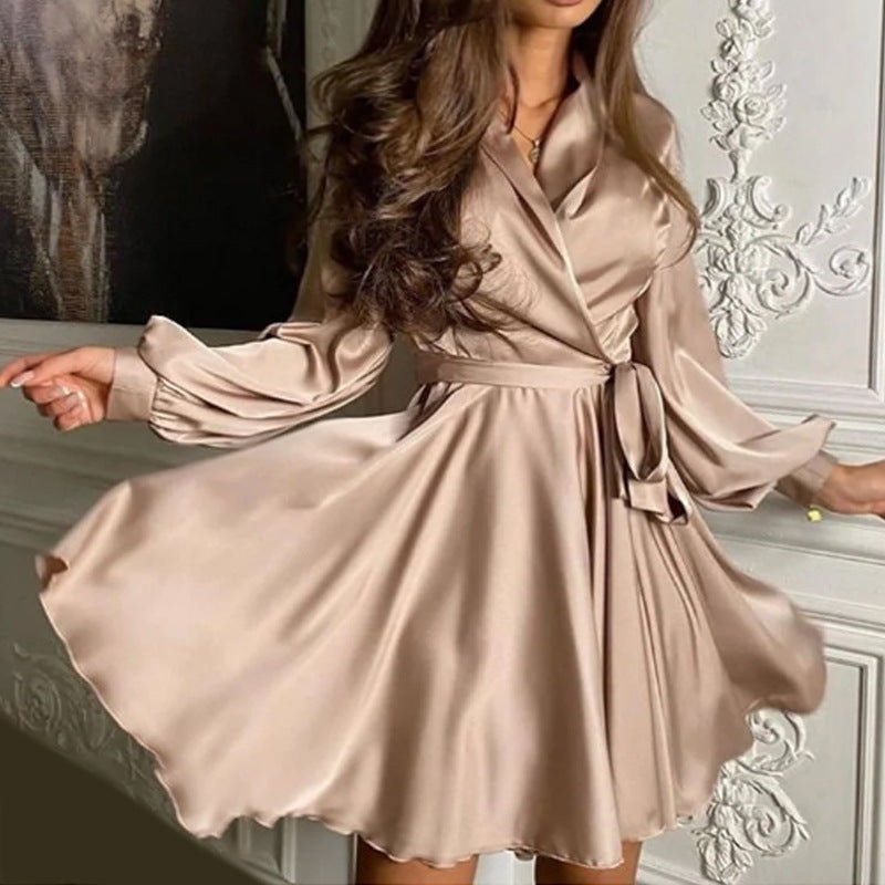 Sexy V-neck solid color A-line long swing small lantern sleeve belt short dress