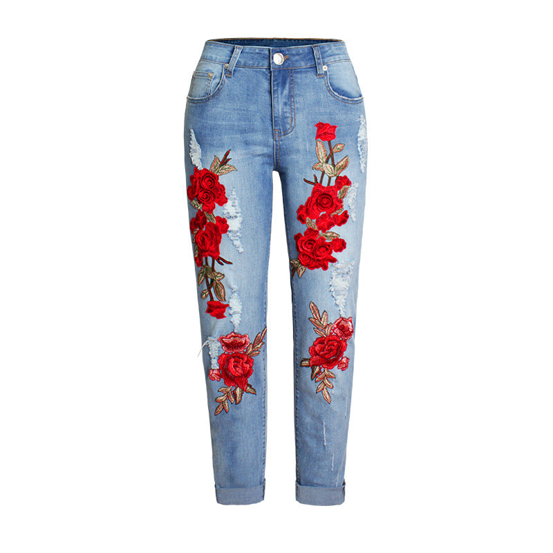 Women's Elastic Loose Jeans Women's Trousers Colorful Flowers 3D Three-Dimensional Embroidery Ripped Jeans