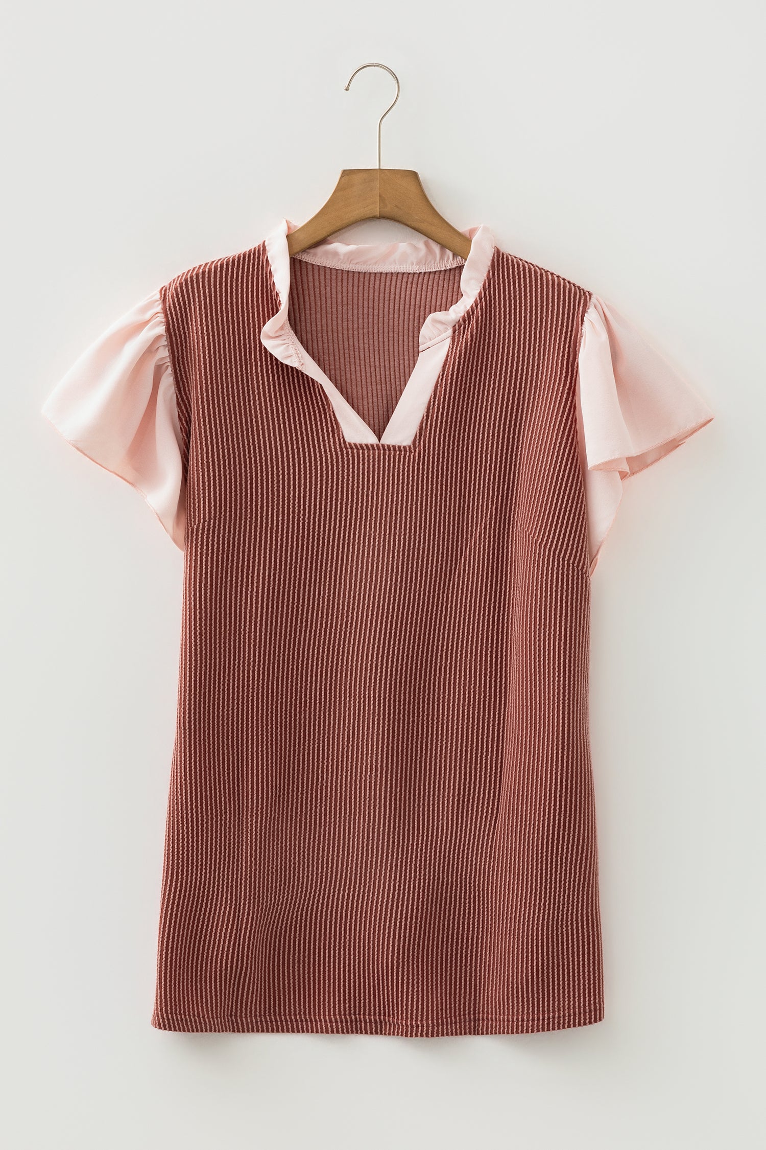 Rose Pink Plus Size Contrast Frilled Neckline Ruffled Short Sleeve Ribbed Textured Blouse