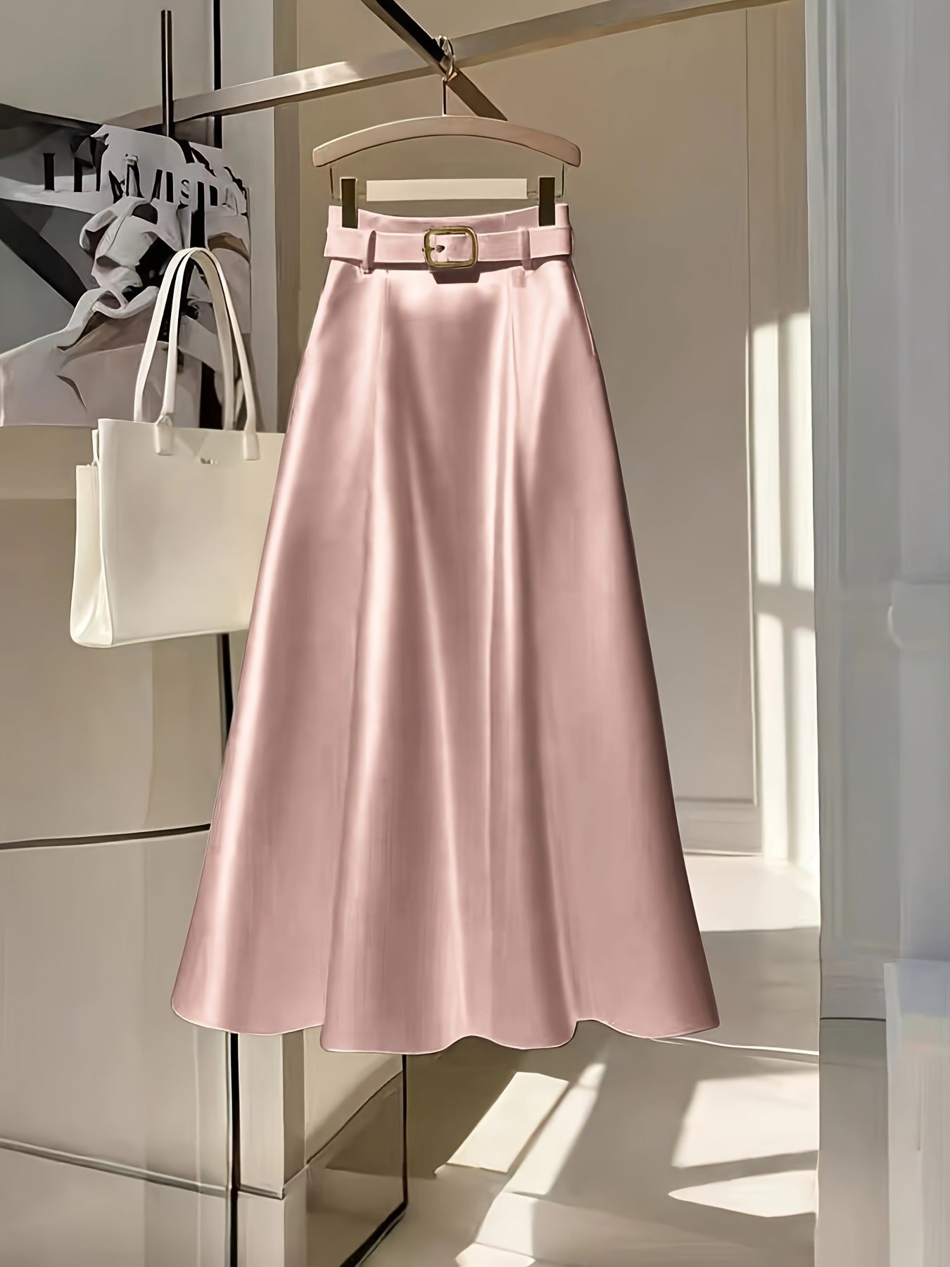 Elegant Solid Color A Line Skirt Smooth Satin Finish Flared