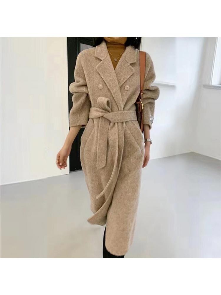 Winter Popular New Long Mulberry Silk Woolen Overcoat Women Double Breasted Lacing Belt Classic Pink Loose Wool Coat Jacket