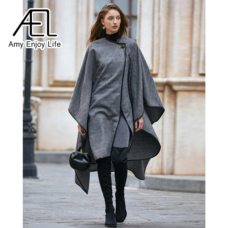 Medium Long Cape Style Street Woolen Coat New Herringbone Pattern Cloak Coat For Women In Winter