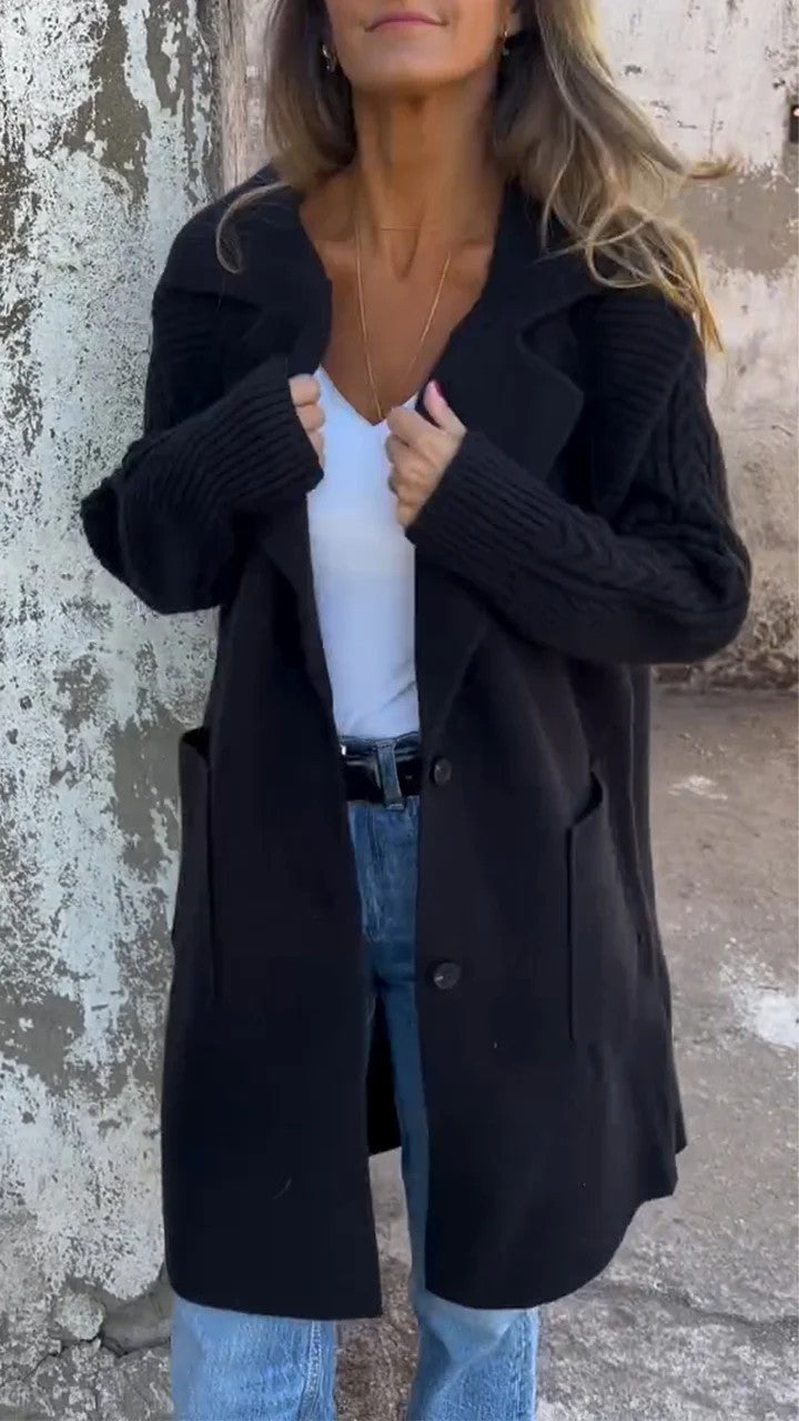 Women's Twist Knit Stitching Lapel Large Coat