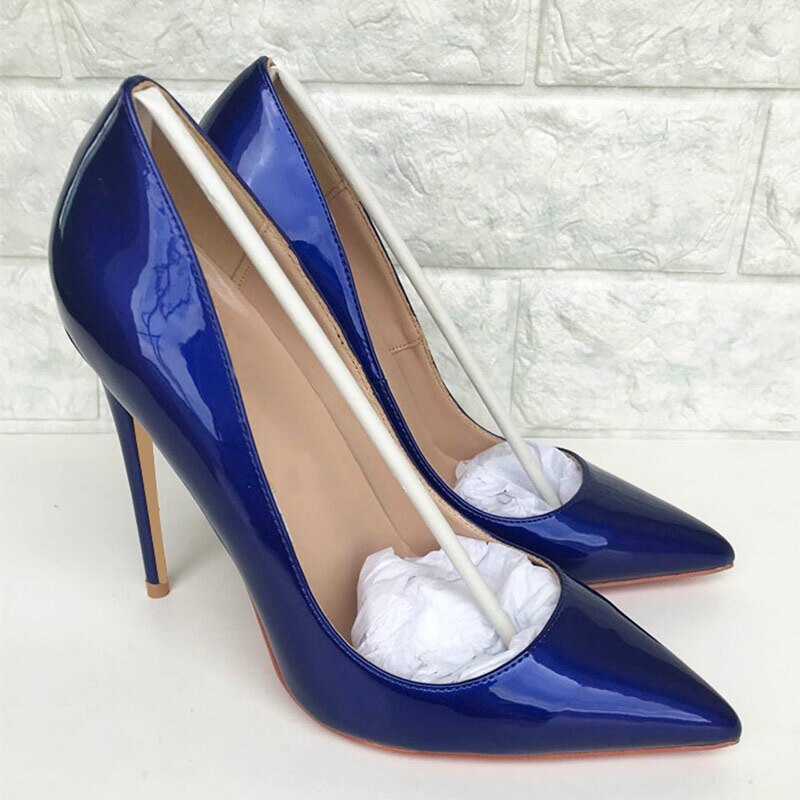 Tikicup Dark Blue Women Patent Pointed Toe Stiletto High Heels Elegant Ladies Slip On Wedding Pumps Shoes Plus Size 34-45