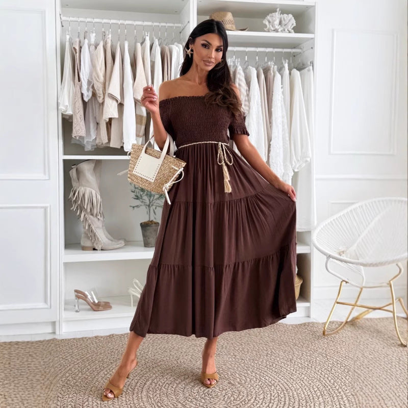 New Solid-color Short-sleeve Waist-cinching Tie-front Patchwork Dress