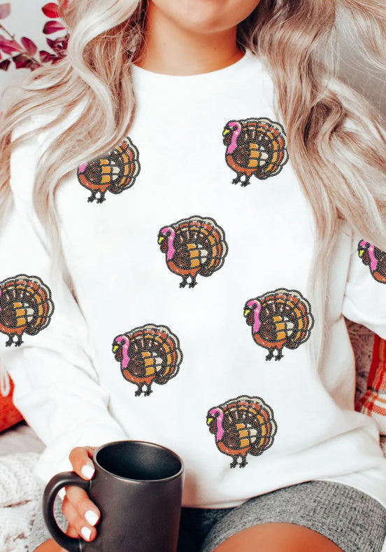 White Thanksgiving Turkey Sequin Patched Pullover Sweatshirt