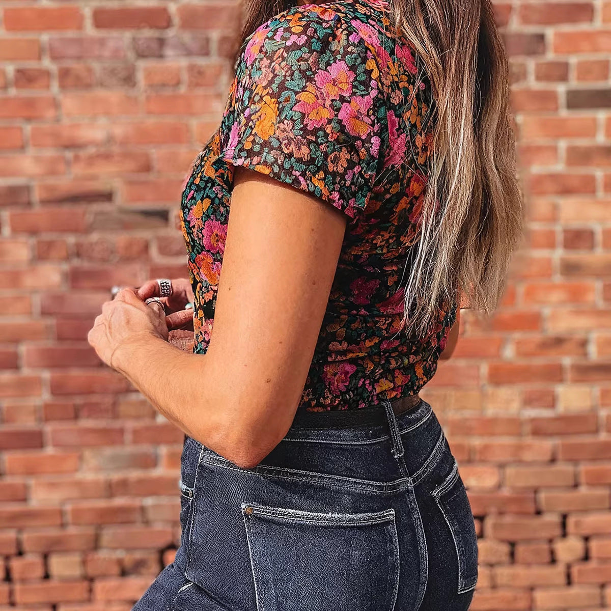 Womens Mesh Pullover Casual All-Match Printed Short-Sleeve