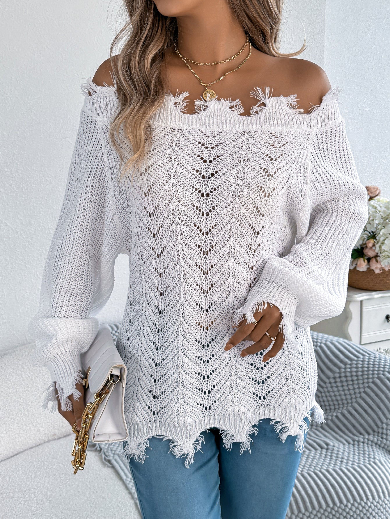 Women Solid Color Hollow Out Long Sleeve Distressed Off-Shoulder Pullover Sweater