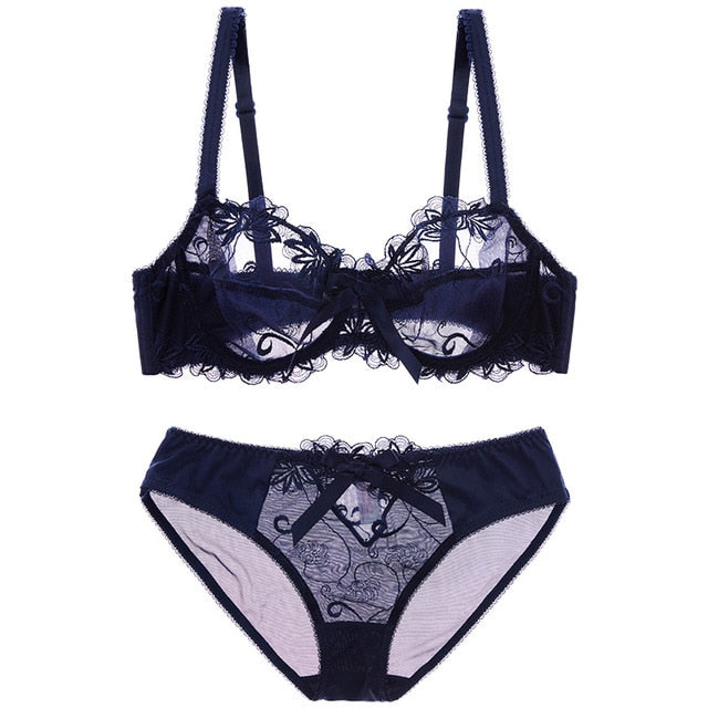 Embroidery Bras Underwear Women Set Plus Size Lingerie Sexy C D Cup Ultrathin Transparent Bra