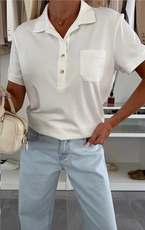 Women's Polo Collar Solid Color Pocket Short Sleeve T-shirt