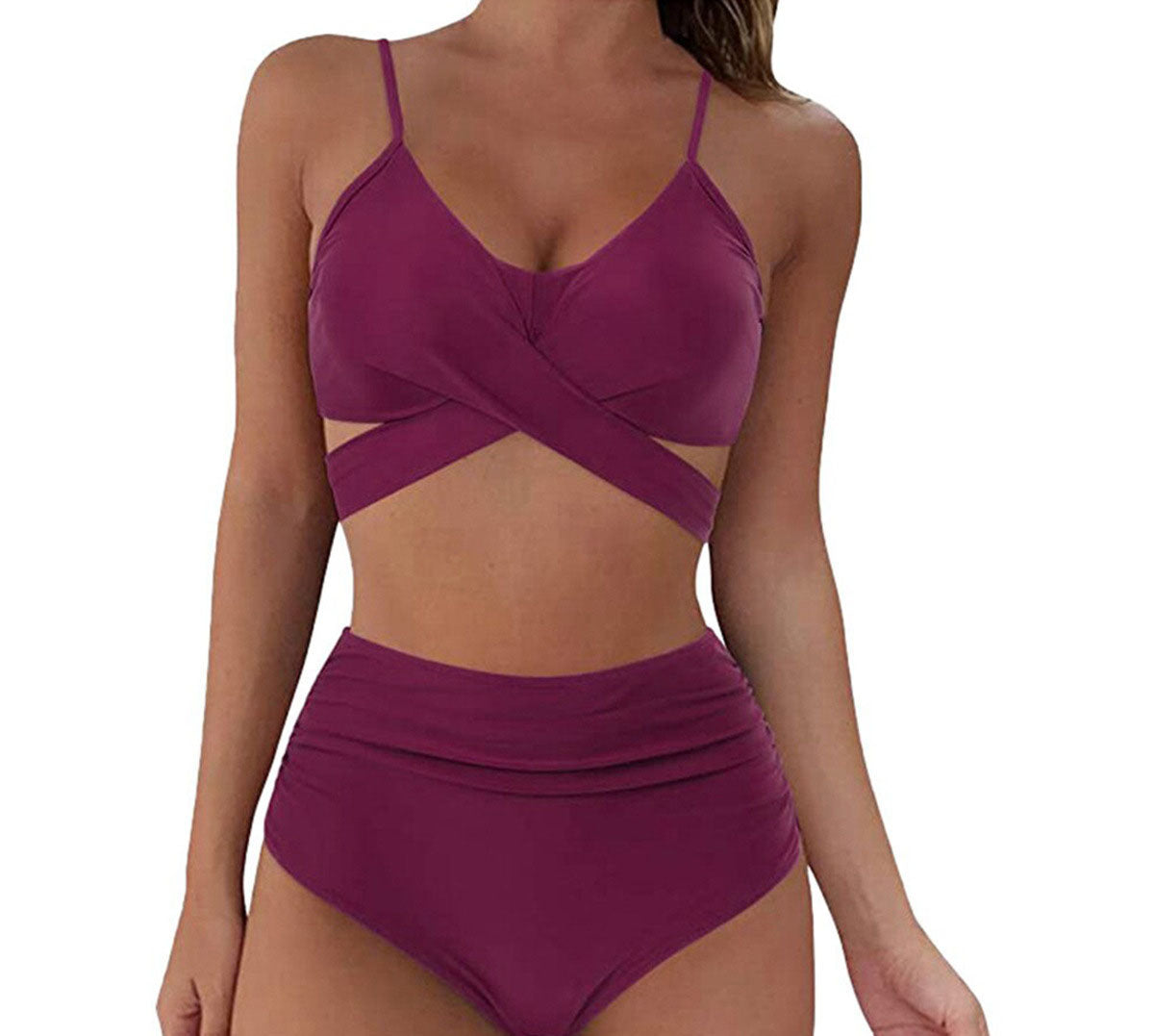 European and American swimsuit women's sexy solid color split bikini lace up high waisted leopard print cross tight swimsuit